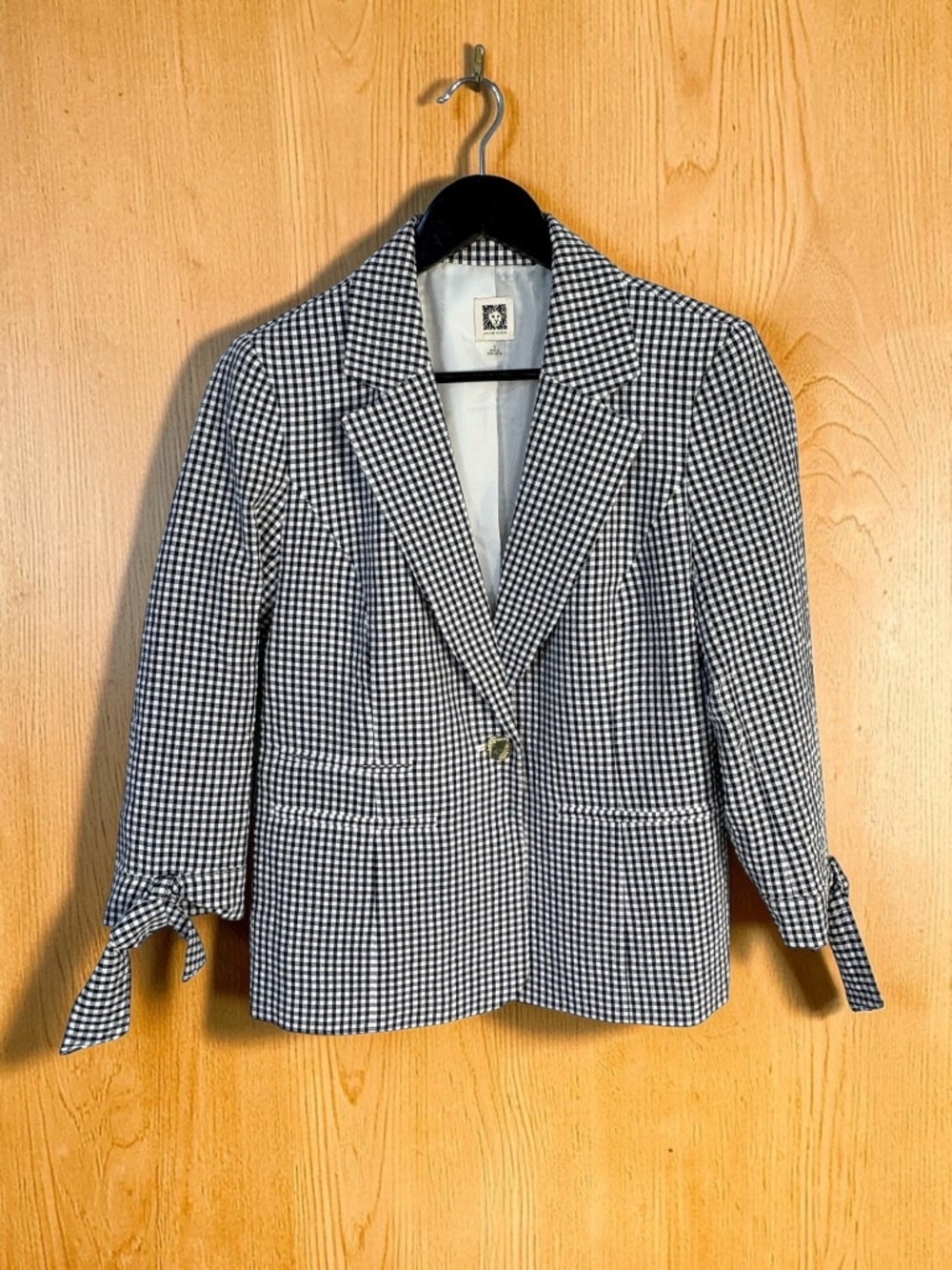Anne Klein Gingham Black and White Tie Sleeve Blazer Jacket S